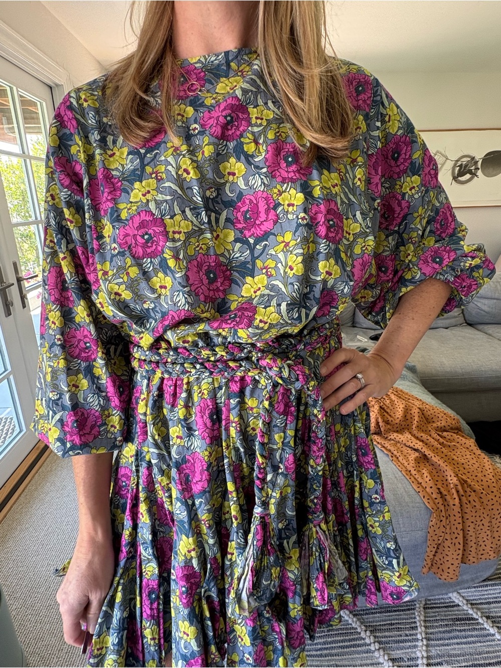 RHODE Floral Mini Dress in Gray, Pink & Yellow